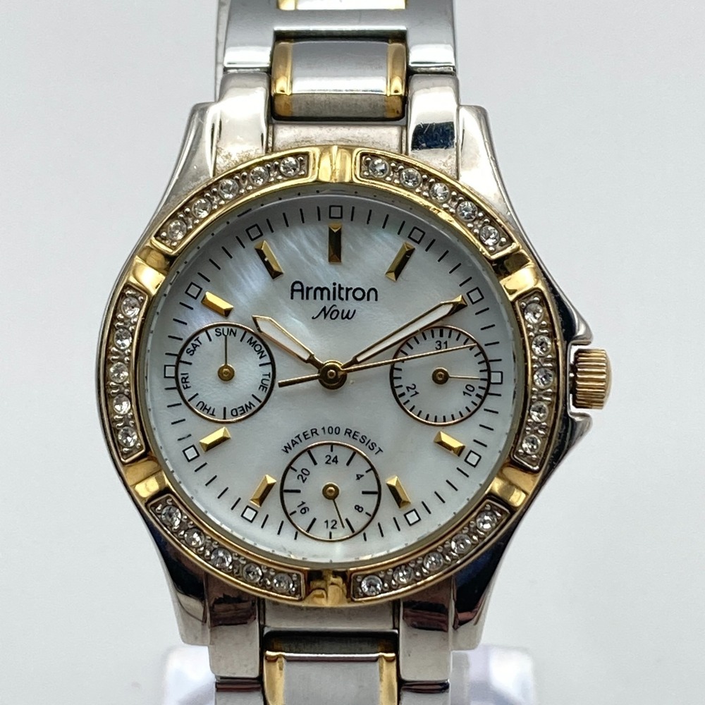 Armitron Womens Watch 30mm Silver Gold Tone Crystals Day Date MOP New Battery 7"